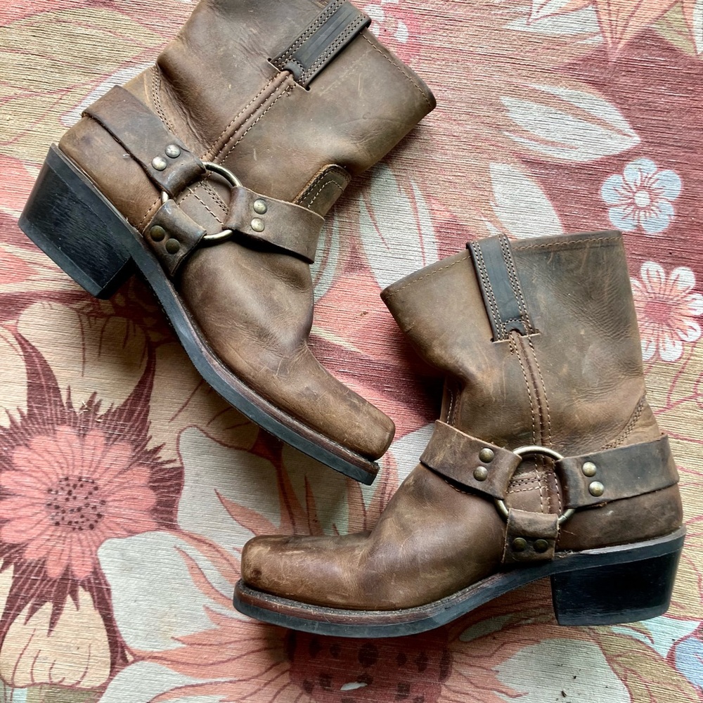 Frye Brown Leather Ankle Boots with Strap